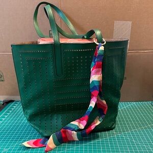 Kate Landry Green Perforated Tote Bag with Colorful Scarf